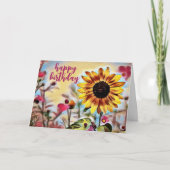 黄かわいらし色ひまわりとピンク色の花誕生日 カード (正面)