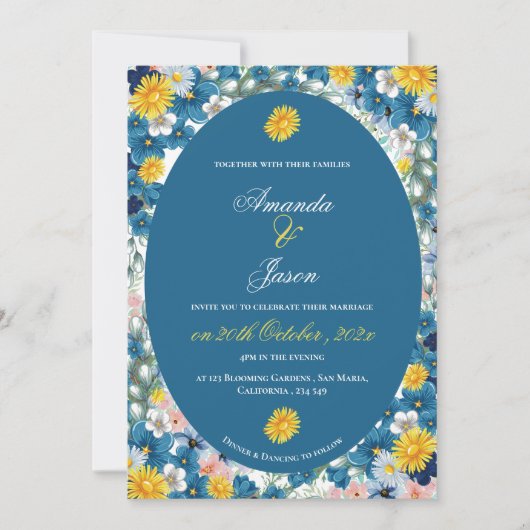 黄かわいらし色ひまわりホワイトブルーフローラ結婚ズ 招待状 (正面)