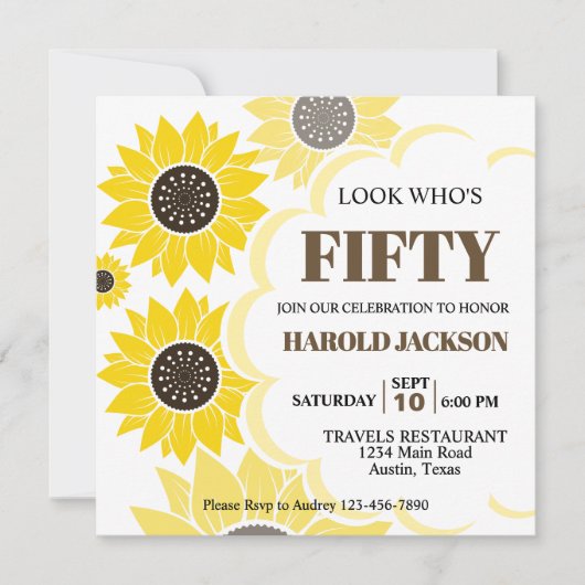 黄かわいらし色ひまわり任意の年齢誕生日 招待状 (正面)