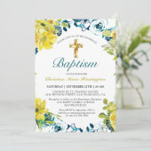 黄かわいらし色ダークブルーフローラ金ゴールドクロスバプテスマ 招待状 (スタンド正面)