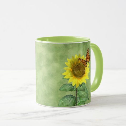 黄かわいらし色ヒマワリとオレンジバタフライ マグカップ (正面右)