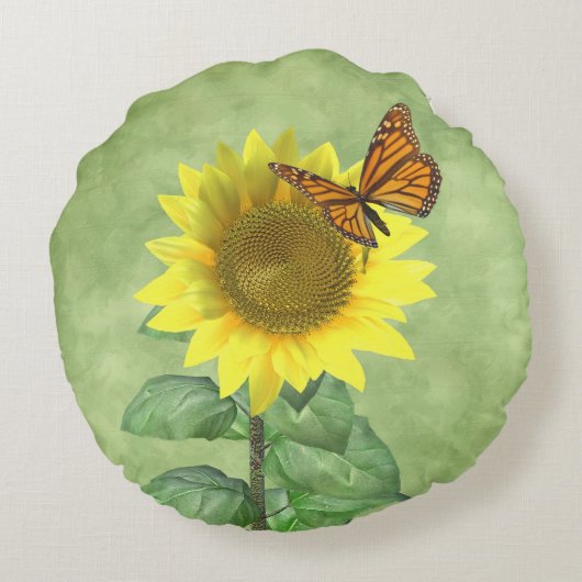 黄かわいらし色ヒマワリとオレンジバタフライ ラウンドクッション (裏面)
