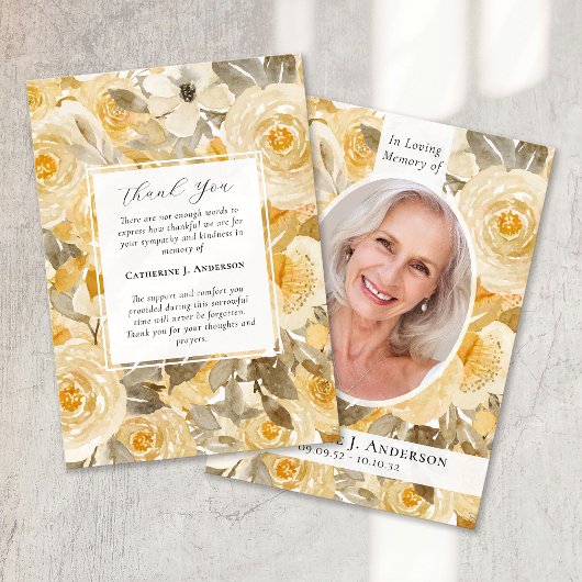 黄かわいらし色フローラフォト悔やみや弔慰葬儀 サンキューカード