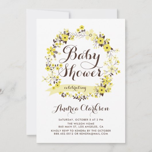 黄かわいらし色フローラリースサマーベビーシャワー 招待状 (正面)