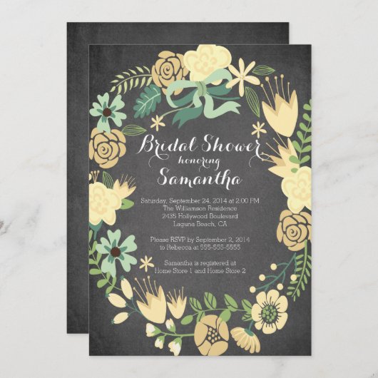 黄かわいらし色フローラリースブライダルシャワー 招待状 (正面/裏面)