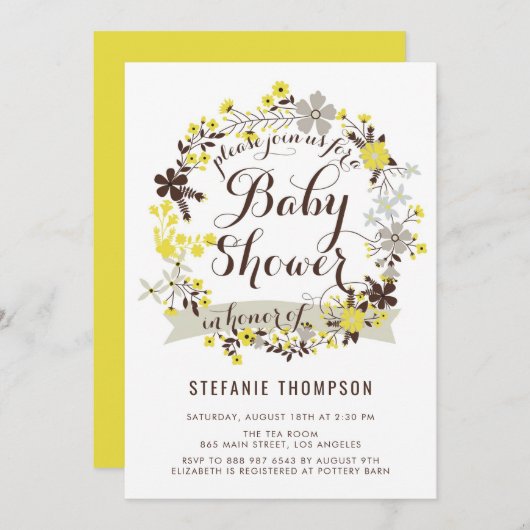黄かわいらし色フローラリースベビーシャワー 招待状 (正面/裏面)