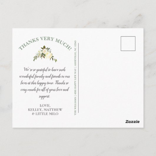 黄かわいらし色フローラ赤ちゃんシャワーありがとう写真 ポストカード (裏面)