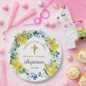 黄かわいらし色フローラ金ゴールドクロスバプテスマ披露宴 ペーパープレート (パーティー)