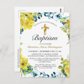 黄かわいらし色フローラ金ゴールドクロスバプテスマ招待状 ポストカード (正面/裏面)