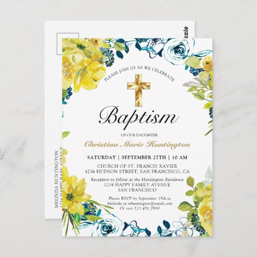 黄かわいらし色フローラ金ゴールドクロスバプテスマ招待状 ポストカード (正面/裏面)