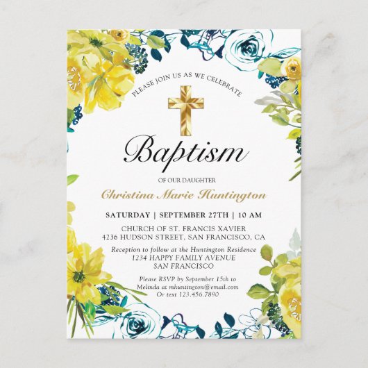 黄かわいらし色フローラ金ゴールドクロスバプテスマ招待状 ポストカード (正面)