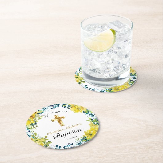 黄かわいらし色フローラ金ゴールドクロスバプテスムウェルカム ラウンドペーパーコースター (インサイチュ)