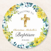 黄かわいらし色フローラ金ゴールドクロスバプテスムウェルカム ラウンドペーパーコースター (正面)