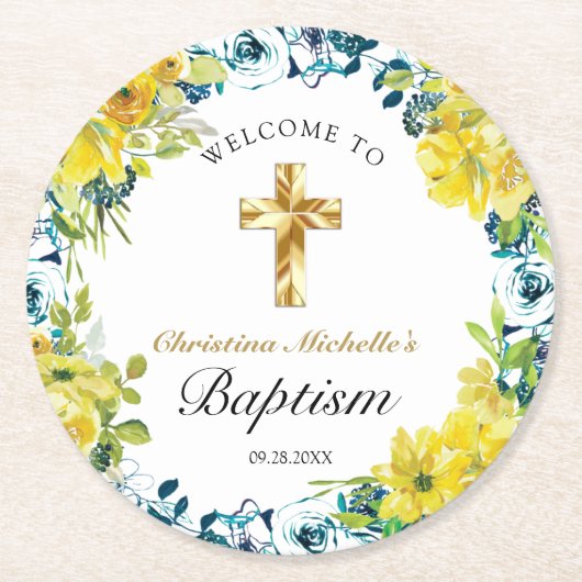 黄かわいらし色フローラ金ゴールドクロスバプテスムウェルカム ラウンドペーパーコースター (正面)