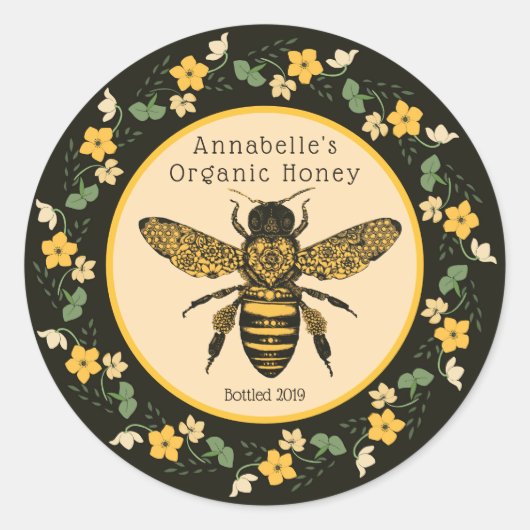黄かわいらし花枠蜂蜜ラベル ラウンドシール (正面)