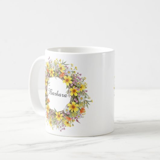黄かわいらし野草花リース名前をカスタムする コーヒーマグカップ (正面左)
