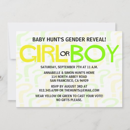 黄と緑のジェンダーが赤ちゃんのシャワーパーティー 招待状 (正面)