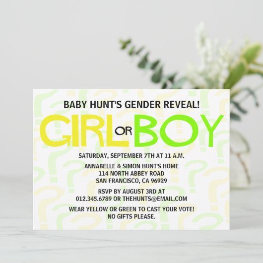 黄と緑のジェンダーが赤ちゃんのシャワーパーティー 招待状 (スタンド正面)