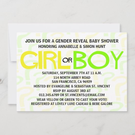 黄と緑のタイポグラフィの性別表示パーティー 招待状 (正面)