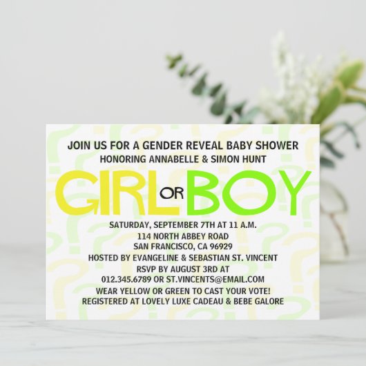 黄と緑のタイポグラフィの性別表示パーティー 招待状 (スタンド正面)