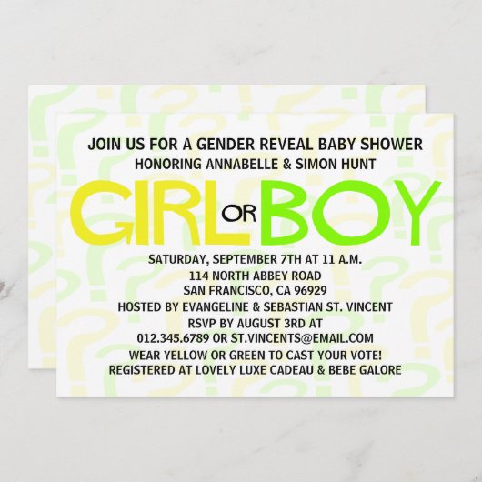 黄と緑のタイポグラフィの性別表示パーティー 招待状 (正面/裏面)