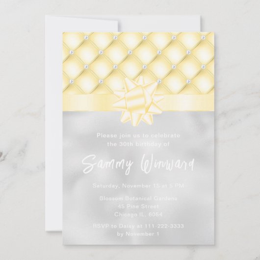 黄と銀のタフテッド真珠の誕生日パーティー 招待状 (裏面)