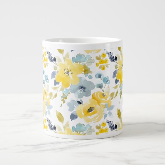 黄と青の水彩パターン ジャンボコーヒーマグカップ (正面)