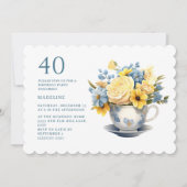 黄と青の花のティーカップ 40歳の誕生日  招待状 (正面)