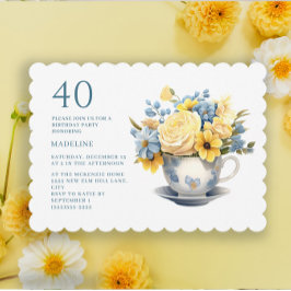 黄と青の花のティーカップ 40歳の誕生日 招待状