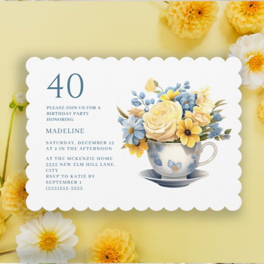 黄と青の花のティーカップ 40歳の誕生日  招待状