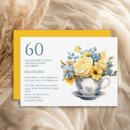 黄と青の花のティーカップ 60歳の誕生日 招待状