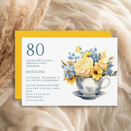 黄と青の花のティーカップ 80歳の誕生日 招待状