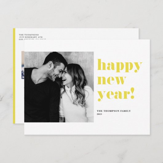黄はっきりしたタイポグラフィハッピーニューイヤー写真 シーズンポストカード (正面/裏面)