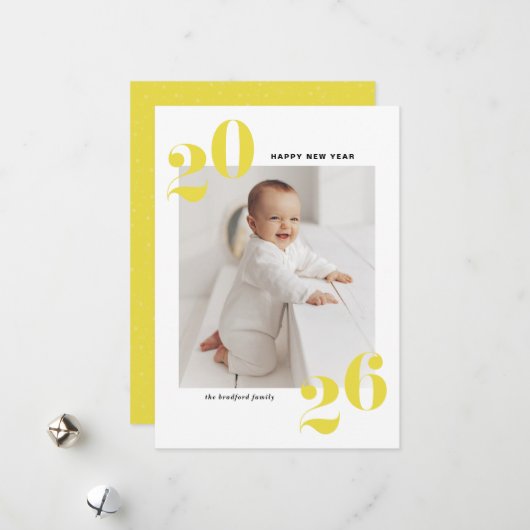 黄はっきりしたタイポグラフィ2025年新年写真 シーズンカード (正面/裏面インサイチュ)