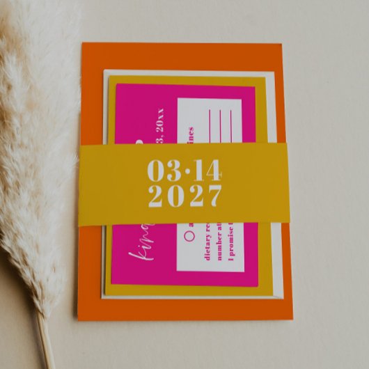 黄はっきりしたモダン鮮やか結婚式招待状 招待状ベリーバンド