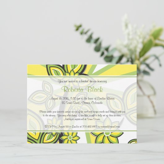 黄はっきりした緑フローラレシピブライダルシャワー 招待状 (スタンド正面)