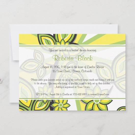 黄はっきりした緑フローラレシピブライダルシャワー 招待状 (正面)