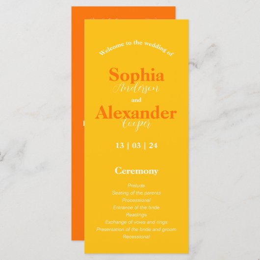 黄はっきりした色とオレンジのカラフル結婚式 プログラム (正面/裏面)