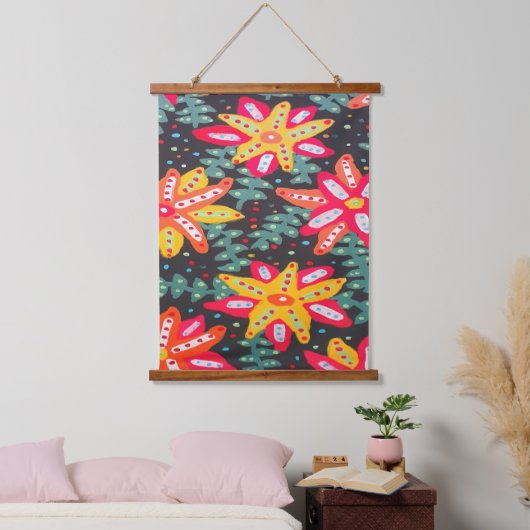 黄はっきりした色とオレンジ色の花が黒 吊り下げ型タペストリー (寝室)