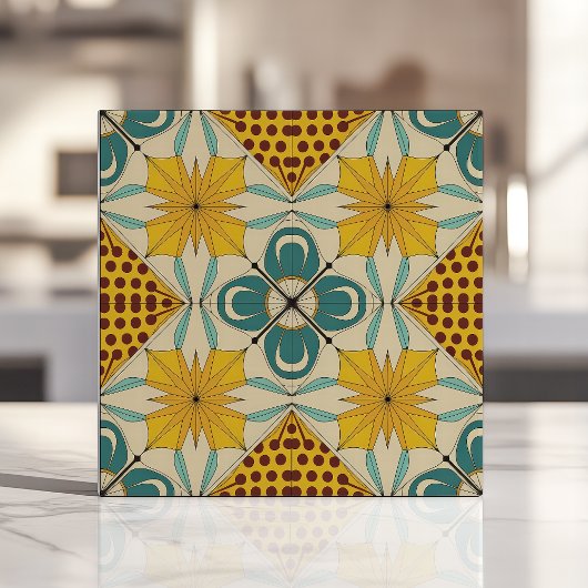 黄はっきりした色とティール(緑がかった色)の幾何学的レトロ タイル