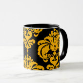 黄はっきりした色と黒のシックエレガントダマスクパターン マグカップ (正面右)