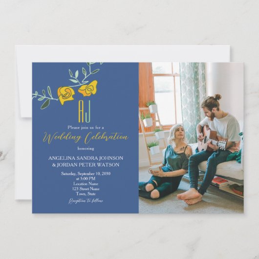 黄はっきりした色ネイビーブルーモノグラム結婚写真 招待状 (正面)