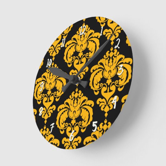 黄はっきりした色・黒ダマスクモダンパーソナライズされた ラウンド壁時計 (傾斜)