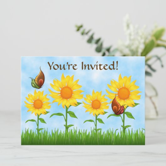 黄ひまわりかわいらし誕生日パーティーへの招待 招待状 (スタンド正面)