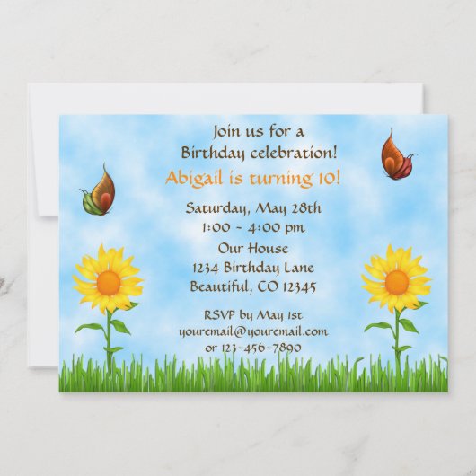 黄ひまわりかわいらし誕生日パーティーへの招待 招待状 (裏面)