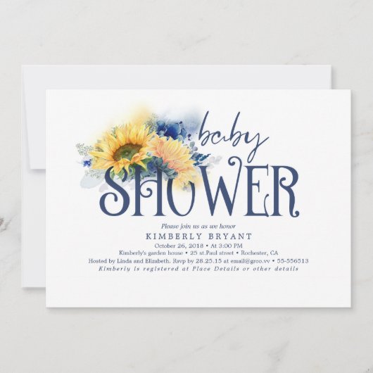 黄ひまわりの海エレガント軍青のベビーシャワー 招待状 (正面)
