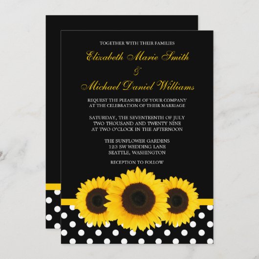 黄ひまわりの黒と白の水玉模様結婚ズ 招待状 (正面/裏面)