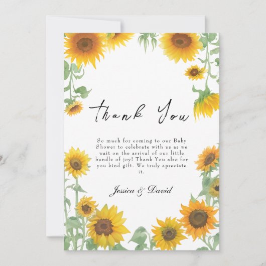 黄ひまわりエレガント晴れ赤ちゃんシャワー サンキューカード (正面)