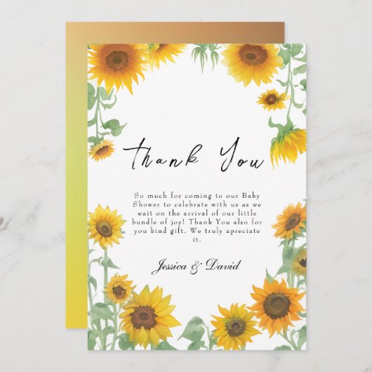黄ひまわりエレガント晴れ赤ちゃんシャワー サンキューカード (正面/裏面)