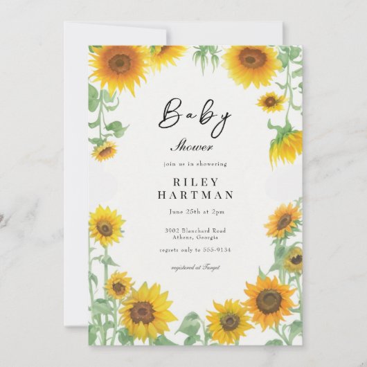 黄ひまわりエレガント晴れ赤ちゃんシャワー 招待状 (正面)